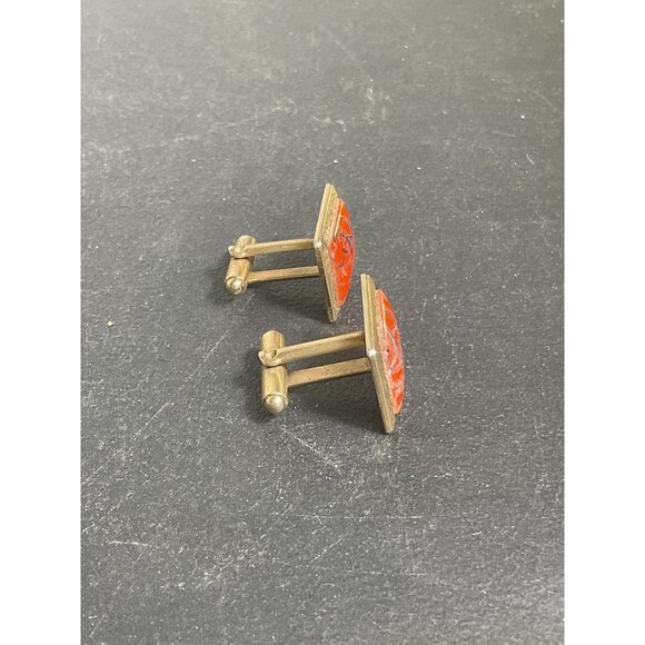 Vintage Gold Tone & Red Enamel Square Cufflinks With Knotted Design - Picture 3 of 4